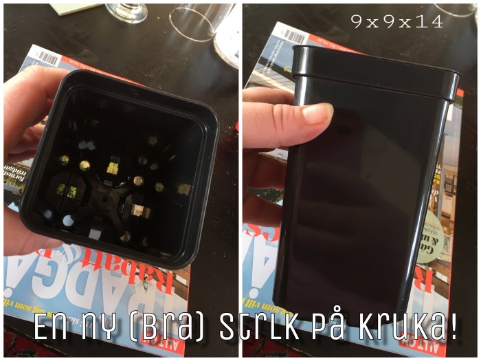 Svart roskrukemodell i plast syns uppifrån och från sidan med dimensionerna 9x9x14 cm.