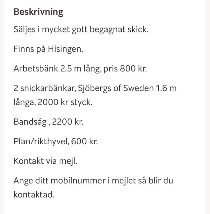 Skärmdump av försäljningsannons med beskrivning av begagnade snickeriverktyg och arbetsbänkar till salu.