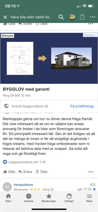 Annons för bygglovstjänster med ritning och illustration av hus.