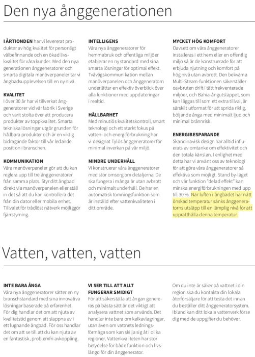 Informationsblad om den nya ånggeneratorgenerationen med fokus på kvalitet, hållbarhet och komfort.