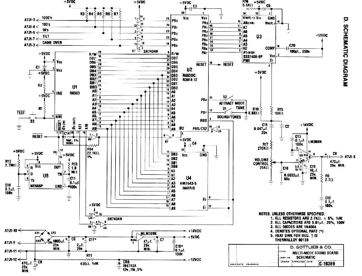 Schematiskt diagram av Gottlieb Buck Rogers flipperspels ljudkort.