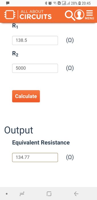 Skärmbild av resistorberäkning, visar 138.5 och 5000 ohm med resultatet 134.77 ohm.