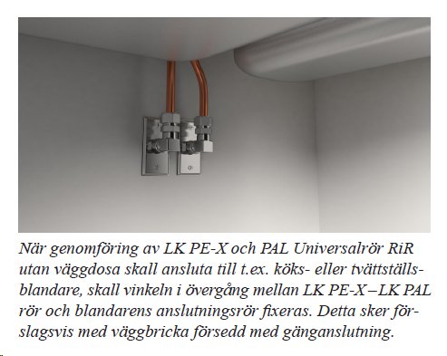 Installation av LK rörgenomföring under vit skåpsinredning med synliga rör och ventiler.