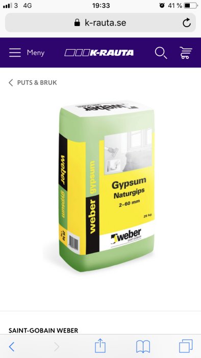 Förpackning av Weber Naturgips putsmedel för badrumsrenovering.