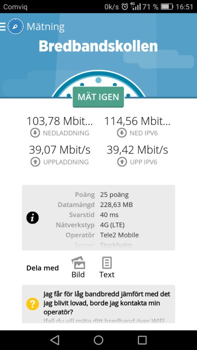 Skärmbild av hastighetstest med mätresultat för ned- och uppladdning via Bredbandskollen-appen.