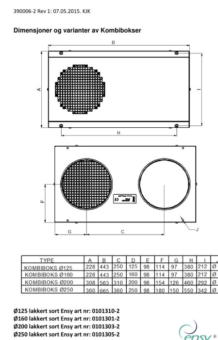 Teknisk ritning av kombiboxars dimensioner med noterade mått och artikelnr, visar storleksalternativ Ø125, Ø160, Ø200, Ø250 mm.