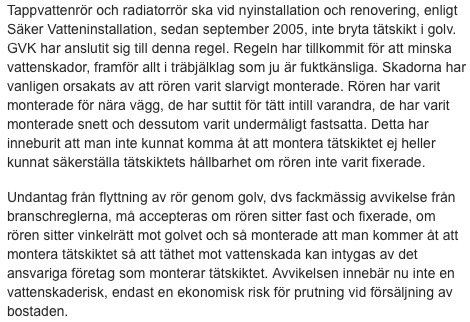 Textsida med riktlinjer om installation av tappvattenrör och radiatorer från "Säker Vatteninstallation".