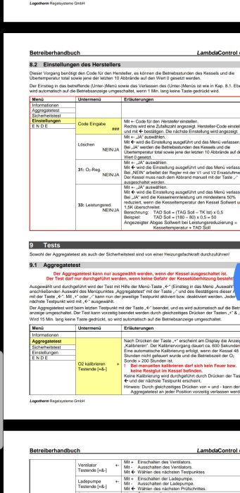 Skärmdump av manuella inställningar och parametrar i en bruksanvisning för LambdaControl-systemet.