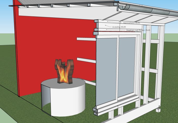 3D-modell av en oisolerad vägg med pulpettak och ett stort fönster, märkt med dimensioner för byggprojekt.