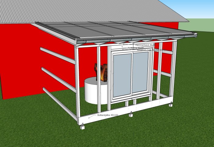 3D-modell av en planerad byggnadskonstruktion med pulpettak, avväxling över fönster och cementring.