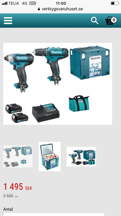 Makita elverktygsset och kylbox med priset 1 495 SEK, batterier och laddare inkluderade.