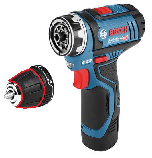 Bosch GSR 12v-15 FC borrskruvdragare med utbytbar chuck avtagen, problem med chucken beskrivet.