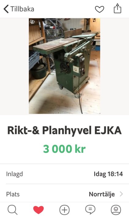 Rikt- och planhyvel EJKA i arbetsmiljö till salu för 3000 kr.