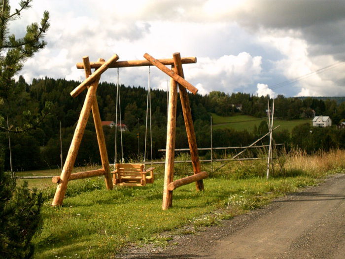 Trägunga byggd av stockar på en grön äng med landskap i bakgrunden.