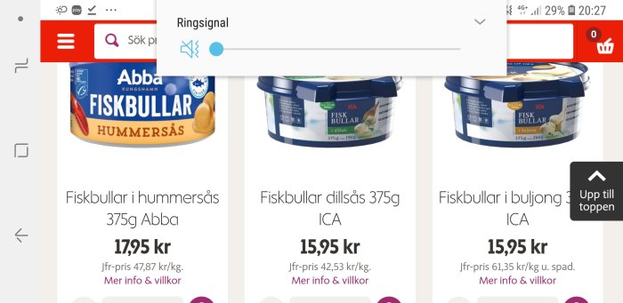 Förpackningar med fiskbullar i hummersås, dillsås och buljong med priser och jämförelsepriser.