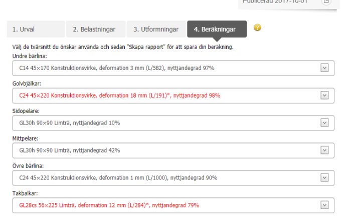 Skärmdump från en byggkalkylator som visar materialval för konstruktionsvirke och limträ med olika dimensioner och belastningskapaciteter.