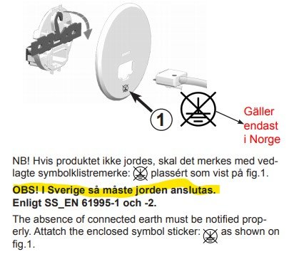 Illustration av en parabolantenn och en varningslapp som anger jordning endast i Norge.