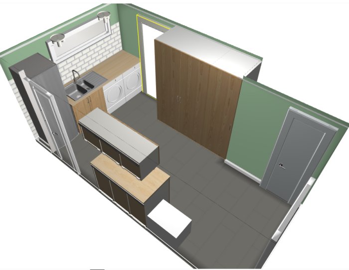 3D-modell av en planerad tvättstuga med integrerad förrådsyta, arbetsbänkar och vitvaror.