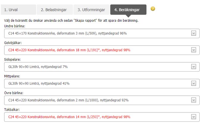 Skärmdump av en byggprogramvara som visar beräkningar för olika konstruktionsvirke, inklusive övre bärlina C24 45x220 med röd markering.