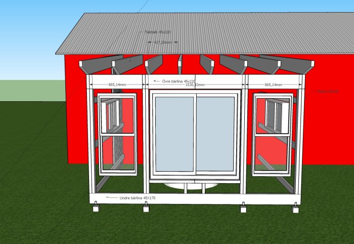 3D-skiss av en altankonstruktion med mått: övre och undre bärlinor samt takbalkar angivna.