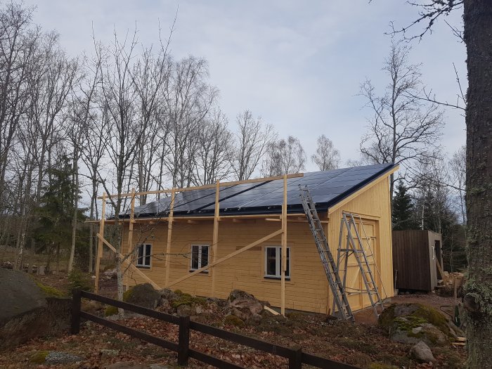 Solcellspaneler monterade på ett garagetak med skog i bakgrunden och en stege lutad mot byggnaden.