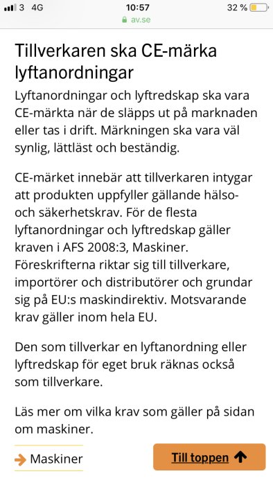 Skärmdump av webbsida med information om CE-märkning av lyftanordningar och lyftredskap.