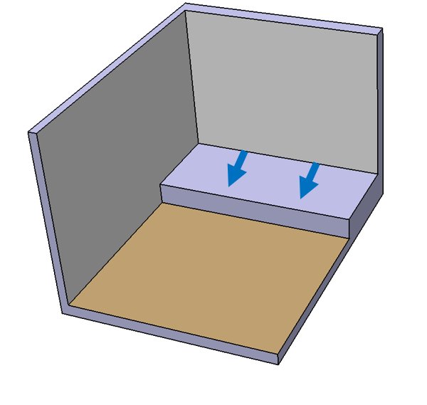 Illustration av ett hörn i hönshus med blåa pilar som visar vattenflöde på en vägg.