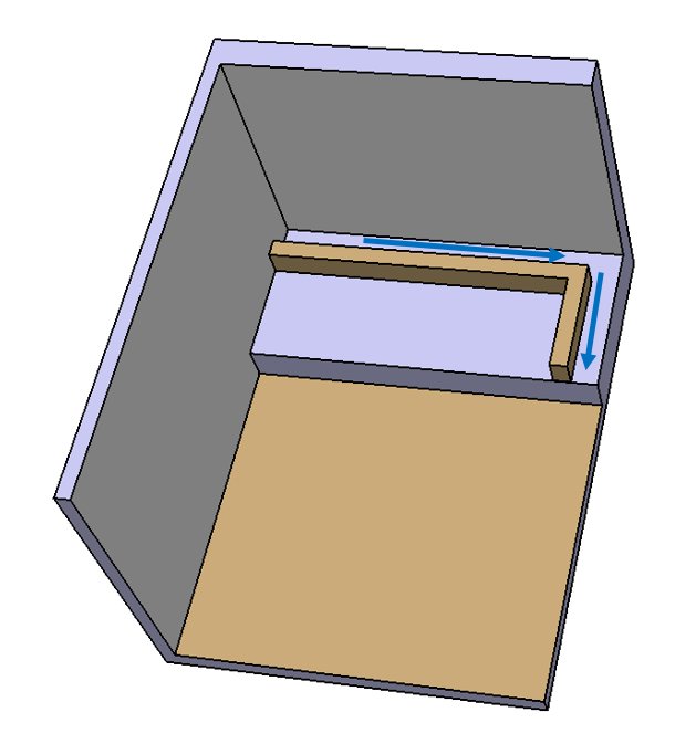 3D-modell av hönshus i suterräng med blåa pilar som visar vattens inträngningsväg.