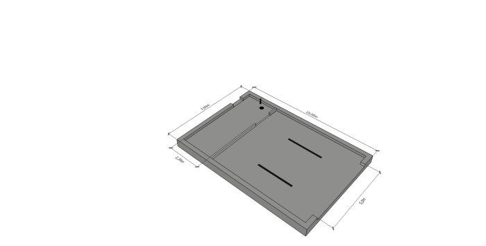 3D-ritning av grundplatta till garage och förråd med mått och golvrännor.