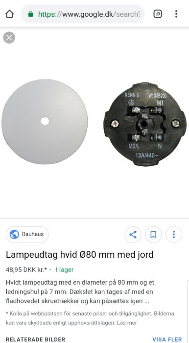 Vit lampledning uttagsskiva och en separat svart installationsdosa för elektriska vägguttag.