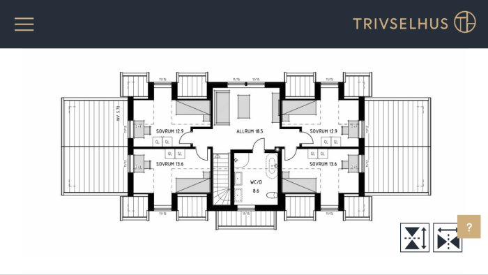 Planlösning för Trivselhus villa Falsterbo visande sovrum, allrum, och WC/D.