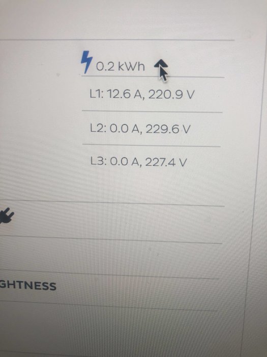 Skärmbild av elmätaravläsning med strömförbrukning 0.2 kWh och värden för L1, men inga värden för L2 eller L3.