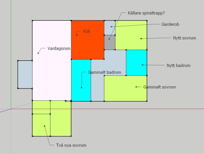 Skiss av en bostadsplanlösning med rum som kök, vardagsrum, sovrum och badrum i olika färger, inklusive förslag på ändringar.