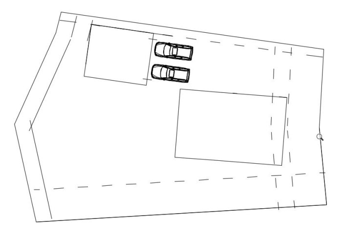 Skiss av en tomt med planlösning inklusive hus, garage och två parkerade bilar.