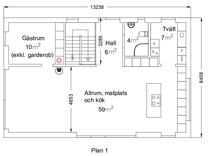 Arkitektritad planlösning för ett hus med beteckningar för gästrum, allrum, kök, toalett och tvättstuga.