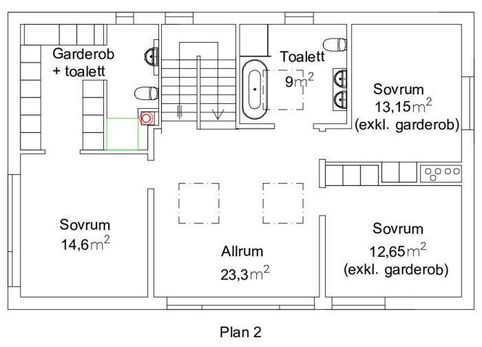 Arkitektritning av en husvåning med markerade sovrum, allrum, toalett och garderob med toalett.