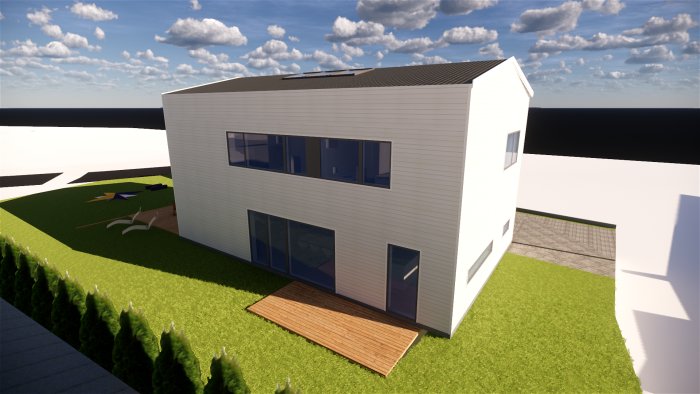 3D-rendering av ett modernt tvåvåningshus med träterrass och plan gräsmatta.