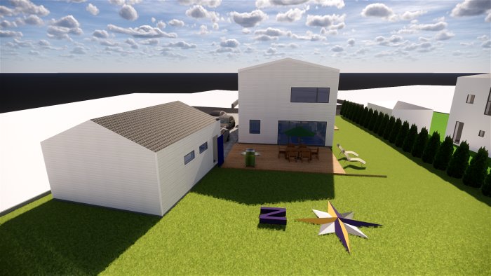 3D-rendering av ett modernt tvåvåningshus med garage, terrass och trädgård.