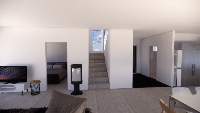 3D-rendering av inredning med trappa, modern kamin och öppen planlösning.