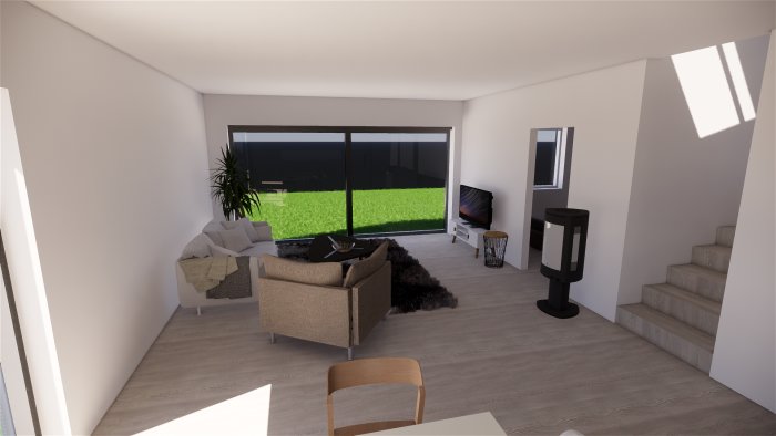 3D-rendering av modernt vardagsrum med soffgrupp, TV, stora fönster och vedkamin.