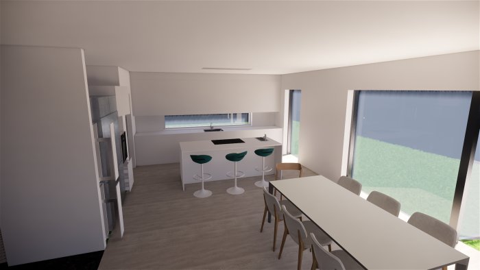 3D-rendering av ett modernt kök och matplats med stor fönstervägg och inredningsdetaljer.