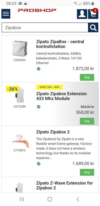 Skärmdump av Proshop webbsida med erbjudanden på Zipato smarta hem-produkter inklusive priser och rabatter.