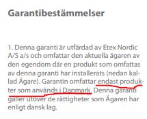 En skärmdump av garantibestämmelser som betonar att garantin endast gäller för produkter använda i Danmark.