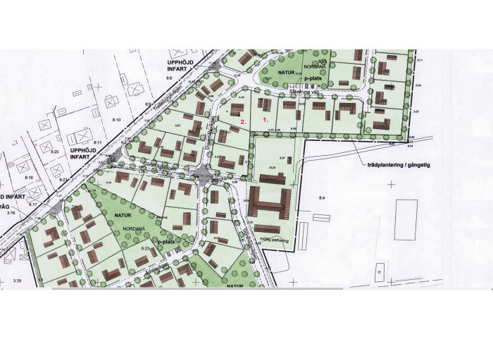 Detaljplan med markerade tomter numrerade 1 och 2, med nivåsiffror 9,89 och 9,96, omringade av gator och grönområden.