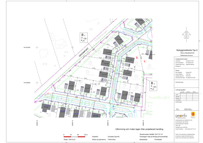 Detaljerad byggprojekteringskarta med markerade tomter numrerade 1 och 2, omgivna av vägnät och andra planlösningar.