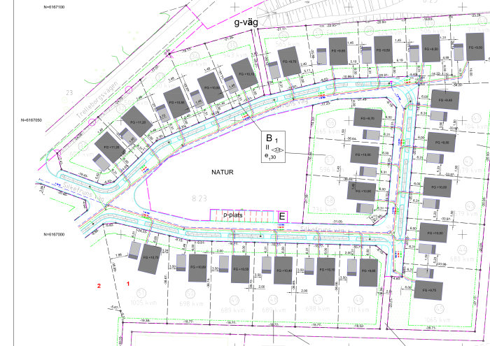 Detaljerad översiktskarta över bostadsområde med markerade tomter "1" för användarens och "2" för granntomten.