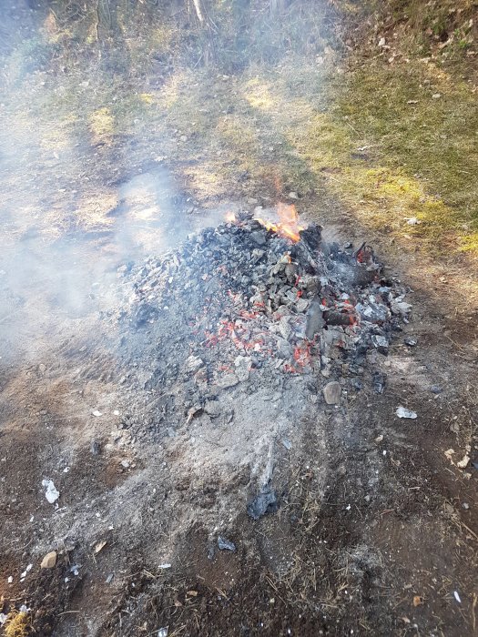 En glödande rishög som brinner, omgiven av vårstädad trädgård.