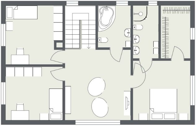 Ritning över våningsplan med markeringar för sovrum, en suite-badrum och ovala objekt representerande saccosäckar.