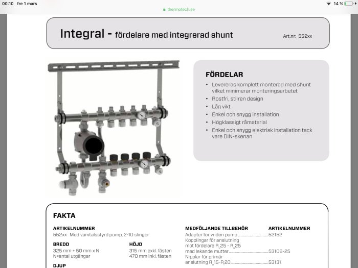 Thermotech golvvärmefördelare med integrerad shunt och 6 utgångar för slingor, teknisk specifikation synlig.