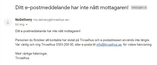 Skärmbild av ett e-postmeddelande som informerar om att ett e-postmeddelande inte nått mottagaren.